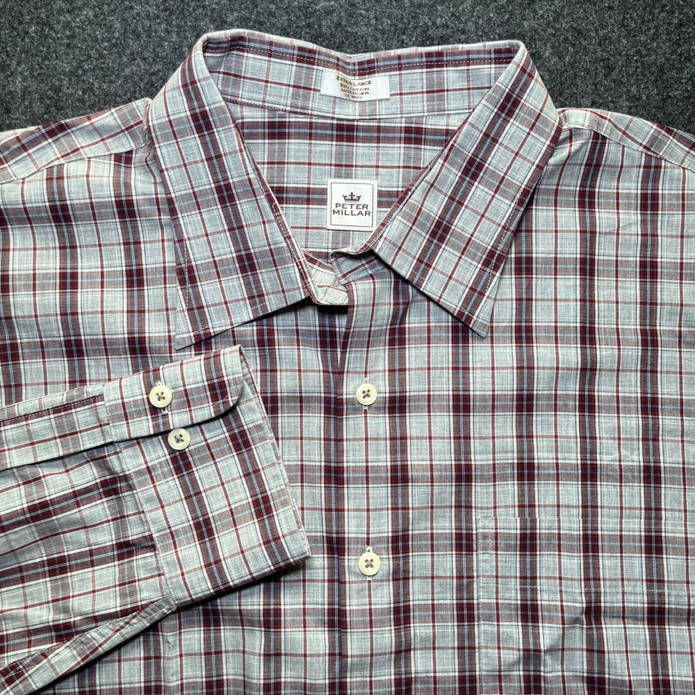 Peter Millar Button Down Shirt Mens XL Grey Burgundy Excellent Plaid Cotton